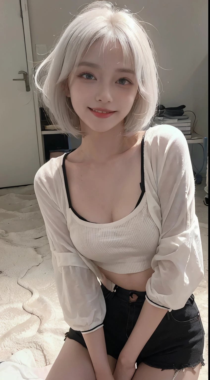 Best image quality、RAW Photos、超A high resolution、21 years old Korean、Small breasts、Dynamic Angle、Cowboy Shot、Chaos in its most beautiful form、elegant、Brutalist Design、Vibrant colors、Beautiful white hair、Short Bob、smile、fun、smile、Glowing White Skin、Beautiful eyes with random colors、Very thin lips、Beautiful eyes in every detail、length, Narrow eyes、Cheeks are pale pink、length eyelashes、Beautiful double eyelids、eye shadow、Bright white hair、Black cropped top、Lightweight see-through jacket、hot pants、Sandy Beach、Squat