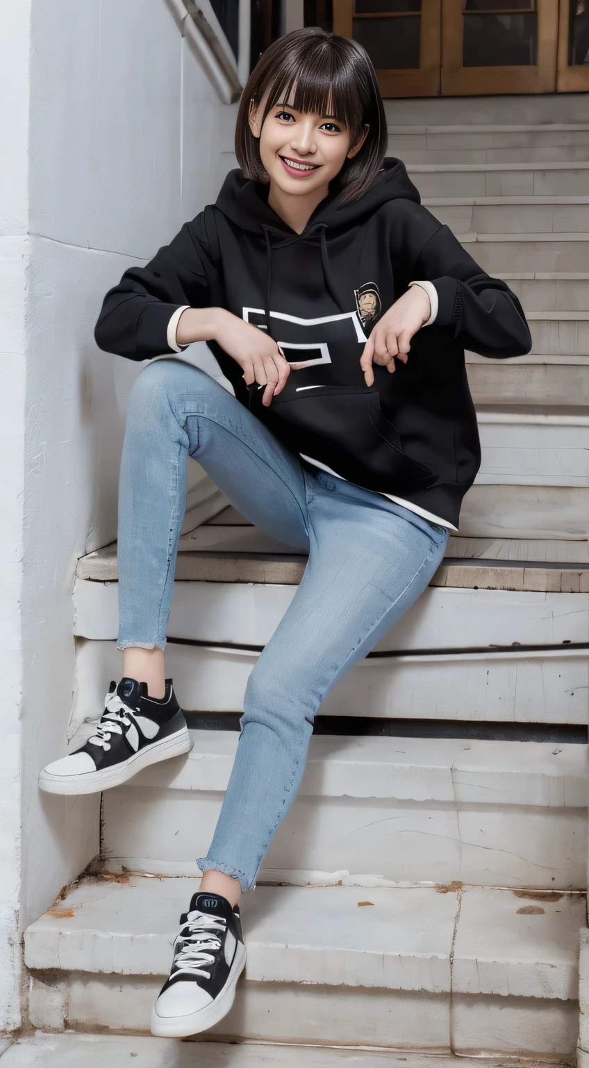 highest quality, Realistic, Very detailed, Finer details, High resolution, 8k wallpaper, One beautiful woman,Sit on the stairs、(Wear black socks)smile、(Beautiful teeth alignment、)(Gums are visible) Oversized hoodie, Skinny jeans,( Black sneakers)、Black Hair、 Beautiful Bangs、ear piercing、Perfect dynamic composition, Beautiful and detailed, Full Body Shot, A big smile