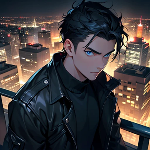 (high quality, 4k, night scenes) 21 year old young man, black hair, black jacket, bright blue eyes, city, artificial lighting