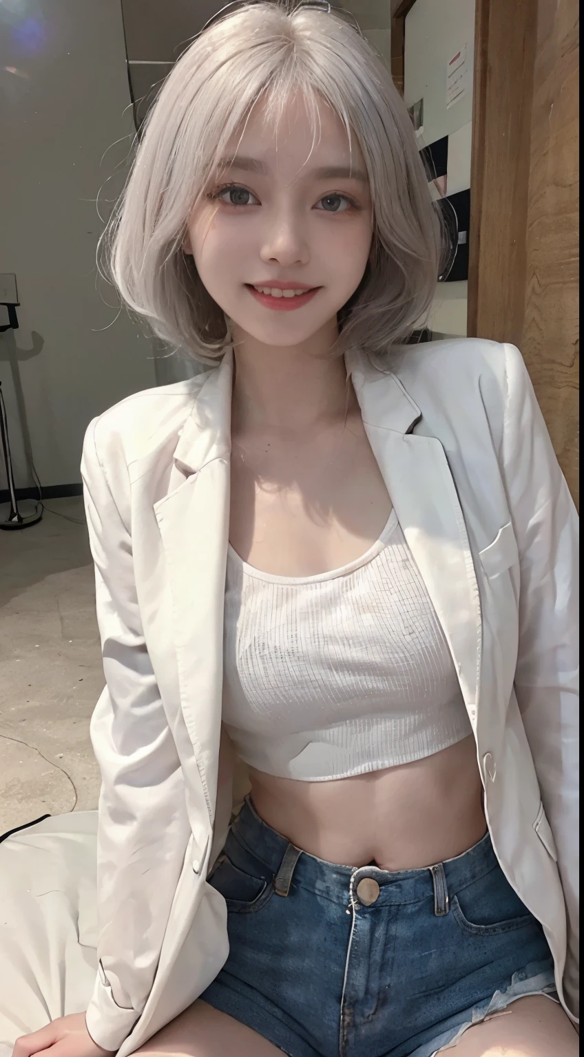 Best image quality、RAW Photos、超A high resolution、21 years old Korean、Small breasts、Dynamic Angle、Cowboy Shot、Chaos in its most beautiful form、elegant、Brutalist Design、Vibrant colors、Beautiful white hair、Short Bob、smile、fun、smile、Glowing White Skin、Beautiful eyes with random colors、Very thin lips、Beautiful eyes in every detail、length, Narrow eyes、Cheeks are pale pink、length eyelashes、Beautiful double eyelids、eye shadow、Bright white hair、Black cropped top、Lightweight see-through jacket、hot pants、Sandy Beach、Squat
