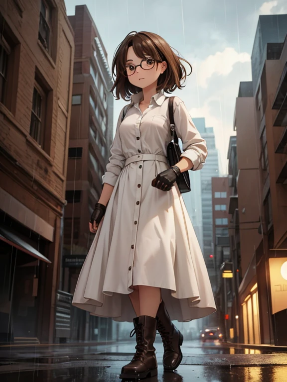 post apocalypse, masterpiece; Create an image of a mature round-faced woman with aesthetic small breasts wearing glasses with medium-length shaggy brown hair, tanned skin, and charming brown eyes. She wears a white linen button-down shirt., A very long straight skirt that completely hides your legs and boots, The look is completed with fingerless gloves.. .. The scene demonstrates, how she confidently walks through a darkened deserted city in the rain., with impressive cumulonimbus clouds overhead. perspective, From below, emphasizes depth of field, the character looks into the viewer's eyes, involving them in an immersive work of art.