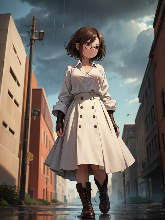 post apocalypse, masterpiece; Create an image of a mature round-faced woman with aesthetic small breasts wearing glasses with medium-length shaggy brown hair, tanned skin, and charming brown eyes. She wears a white linen button-down shirt., A very long straight skirt that completely hides your legs and boots, The look is completed with fingerless gloves.. .. The scene demonstrates, how she confidently walks through a darkened deserted city in the rain., with impressive cumulonimbus clouds overhead. perspective, From below, emphasizes depth of field, the character looks into the viewer&#39;s eyes, involving them in an immersive work of art.