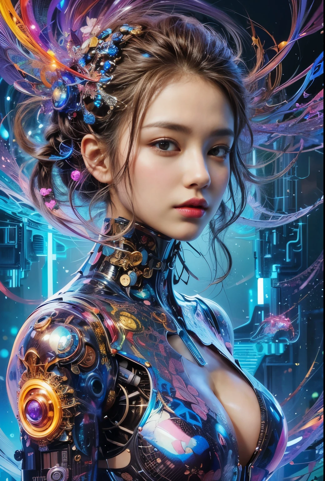 (masterpiece, highest quality, highest quality, Official Art, beautifully、aesthetic:1.2), (One girl), (Fractal Art:1.2),Absurd, High resolution, Super detailed, Ultra-precise depiction, alone, (Zentangle:1.2), Floating Hair, Shiny skin, (Abstract:1.2), pantyhose,View Viewer, Cyberpunk Robot, Complex robot, Hello,
