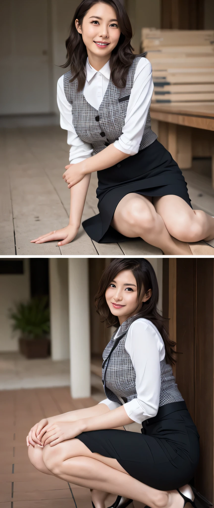 Uruchan-6500-v1.1, (RAW Photos:1.2), (Photorealistic), (Genuine:1.4), 1girl、Perfect Anatomy、48 years old、Medium Long Hair、 (High heels)、(Business services)、 quiet, A calm woman wearing a checked vest., The most elegant long wavy hairstyles:1.65, Wear a tight skirt, Slightly thicker、(Ultra-realistic pantyhose:1.2), Yoshitomo Nara, , Japanese Goddess, Erotic Sexy Girl, Otaku appearance, Otaku, Erotic gaze, (A very loving smile:1.2)、 ((Full Body Shot:1.16))、Sit on the bench and seduce、Ultra-realistic skin texture、Shiny skin、Very large breasts, bigger than her face、Exposed thighs!!!