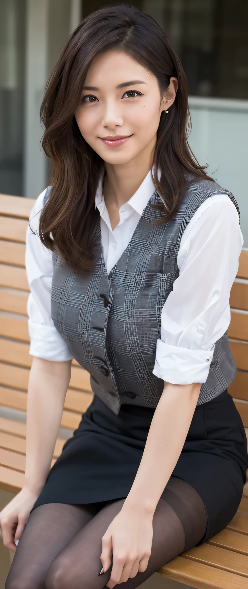 run-6500-v1.1, (RAW Photos:1.2), (Realistic), (Genuine:1.4), 1girl、Perfect Anatomy、48 years old、Medium Long Hair、 (High heels)、(Business services)、 quiet, A calm woman wearing a checked vest., The most elegant long wavy hairstyles:1.65, Wear a tight skirt, A little thick、(Ultra-realistic pantyhose:1.2), Yoshitomo Nara, , Japanese Goddess, Wear glasses, Sexy Girl, Otaku appearance, Otaku, Shy gaze, (A very loving smile:1.2)、 ((Full Body Shot:1.16))、Sit on the bench and seduce、Ultra-realistic skin texture、Shiny skin、Very large breasts, Bigger than her face、Exposed thighs!!!