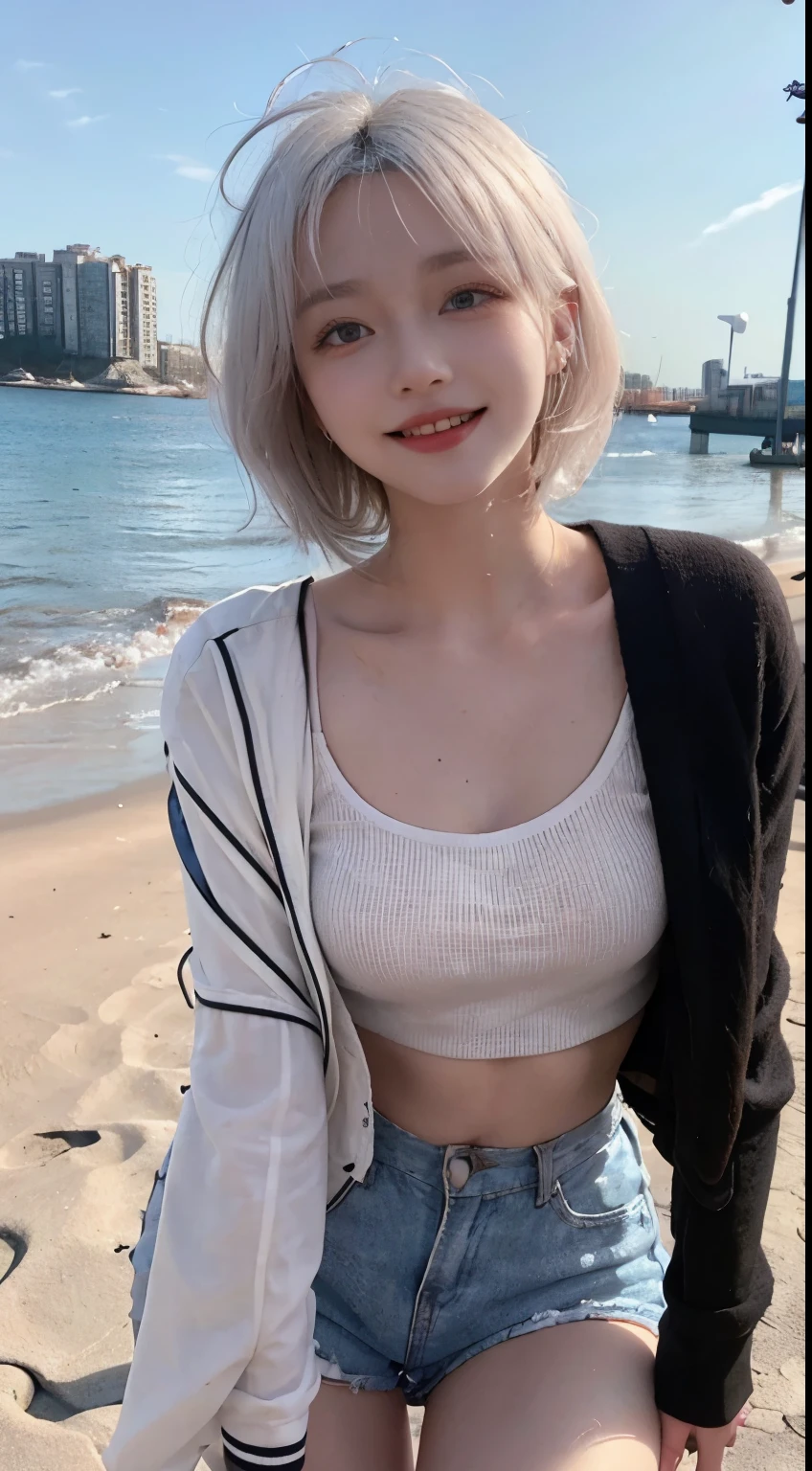 Best image quality、RAW Photos、超A high resolution、21 years old Korean、Small breasts、Dynamic Angle、Cowboy Shot、Chaos in its most beautiful form、elegant、Brutalist Design、Vibrant colors、Beautiful white hair、Short Bob、smile、fun、smile、Glowing White Skin、Beautiful eyes with random colors、Very thin lips、Beautiful eyes in every detail、length, Narrow eyes、Cheeks are pale pink、length eyelashes、Beautiful double eyelids、eye shadow、Bright white hair、Black cropped top、Lightweight see-through jacket、hot pants、Sandy Beach、Squat
