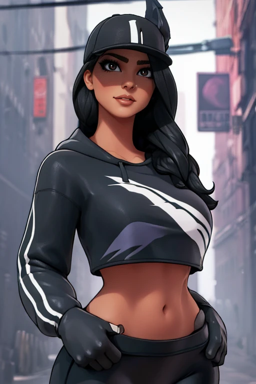 , Ruby fortnite, bone PRETO, blusa PRETA, BLACK leggings, bare abdomen, rosto detalhado, rosto perfeito, olhos detalhados, olhos castanhos, decote, cabelo marrom, dia, curvilinear, sozinho, cabelos longos, cabelo preto escuro, blusa preta,  black pants, massive  breasts 