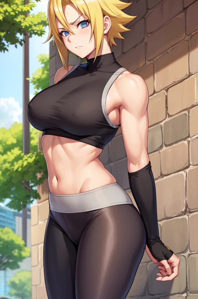 1 girl, naruto uzumaki as a girl, naruto genderswap, female naruto uzumaki, genderswap, female/girl/woman, feminine features, feminine body, great curves, medium sized breast, breast 34d, cute, hot, short blond hair, blond hair, short hair, blue eyes, wearing(flex leggings and cropped shirt), gym flex leggings woman, flex leggings, cropped shirt, in the park, ultrasharp, 4k picture, highly detailed, beautiful 