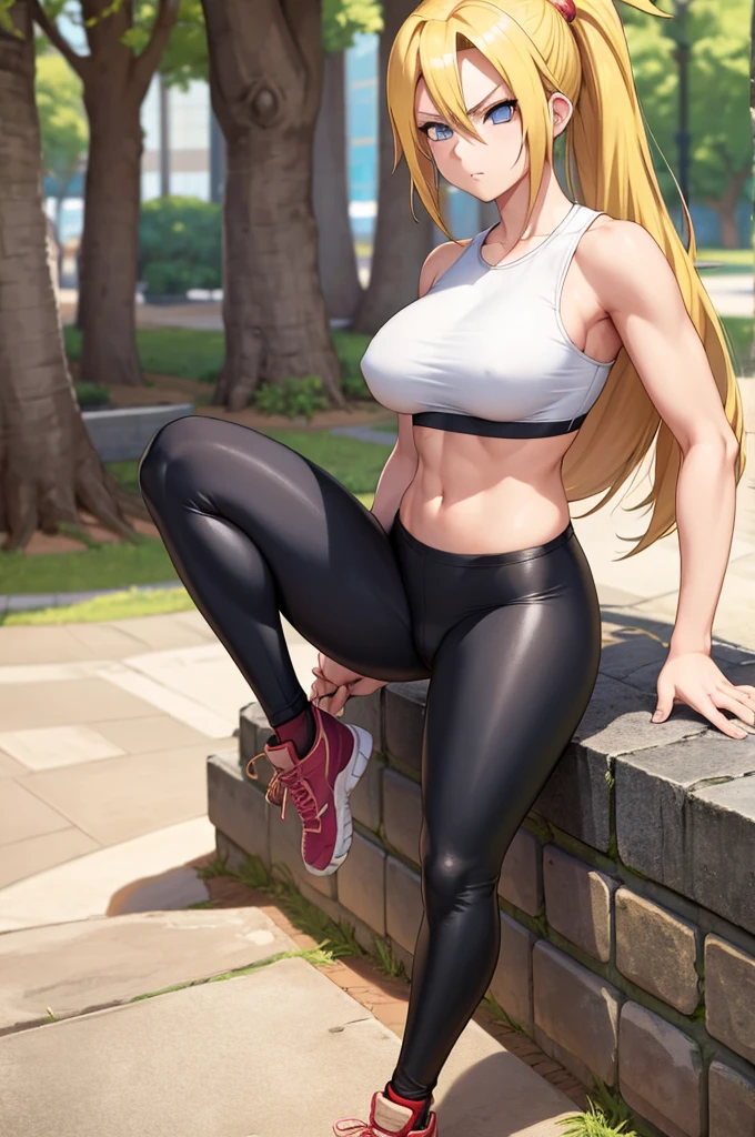 1 girl, naruto uzumaki as a girl, naruto genderswap, female naruto uzumaki, genderswap, female/girl/woman, feminine features, feminine body, great curves, medium sized breast, breast 34d, cute, hot, long blond hair, blond hair, long hair, blue eyes, wearing(flex leggings and cropped shirt), gym flex leggings woman, flex leggings, cropped shirt, in the park, ultrasharp, 4k picture, highly detailed, beautiful 