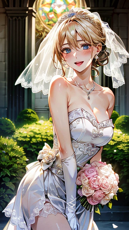 (masterpiece:1.3, top-quality, ultra high res, ultra detailed), (realistic, photorealistic:1.4), beautiful illustration, (natural side lighting, movie lighting), depth of fields, detailed cloth texture,
looking at viewer, bust photo, 1 girl, , perfect face, (perfect anatomy), cute and symmetrical face, baby face, shiny skin, slender
(middle hair:1.5, side ponytail:1.4, blonde hair), hair between eyes, blue eyes, pink lips, long eye lasher, (large breasts:1.3),
beautiful hair, beautiful face, beautiful detailed eyes, beautiful clavicle, beautiful body, beautiful chest, beautiful thigh, beautiful legs, beautiful fingers,
head flower, headdress, (strapless wedding dress:1.5), (silk dress:1.2), necklace, earring, cleavage, bouquet, (lace gloves:1.2), (bridal veil:1.2), (short transparent veil:1.2),
(beautiful scenery), evening, (flower garden, outside church) standing, (seductive smile, blush, open mouth small),