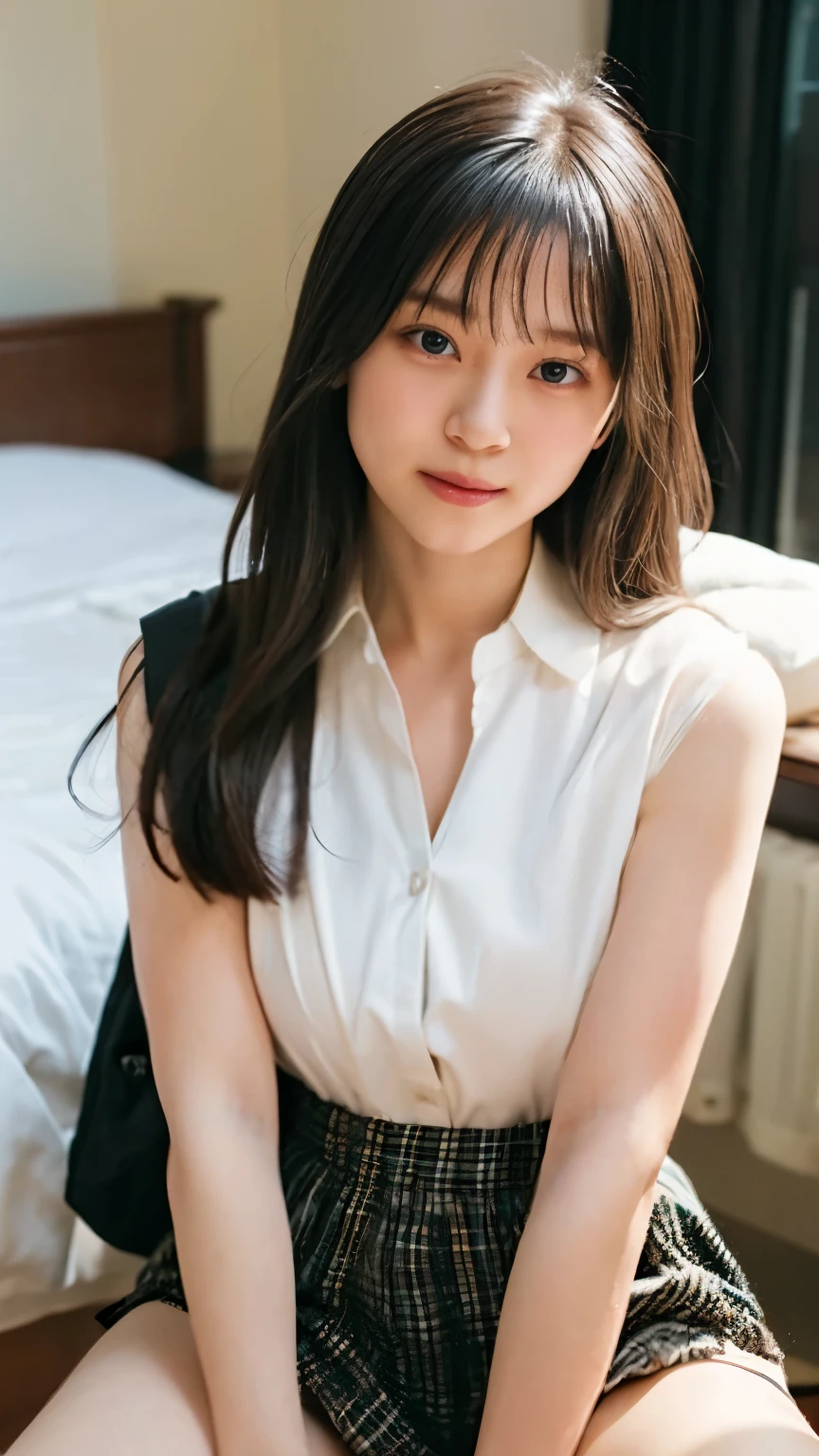 High resolution、High resolution、masterpiece、alone、Natural body shape、White skin、Natural Makeup、Black Hair、bangs、Straight Long Hair、(barefoot、White blouse、blue plaid pleated skirt)、、(Spread your legs:1.3)、((The upper body is wearing a uniform))、(((((Looking into the camera)))))、(((whole body)))、(((Exposing your thighs)))、Bedroom、On the bed、Sitting