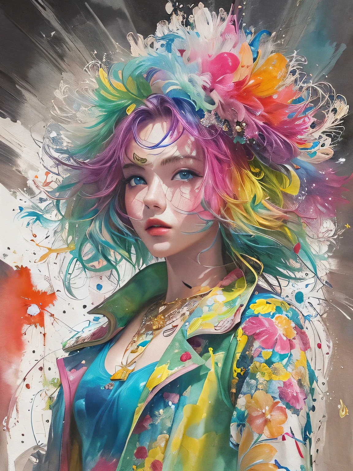 Micho Style、(((stylish fashion))), 8K Quality、Intense watercolor, Detailed watercolor art, Watercolor splash, Surreal, avant-garde pop art, Beautiful and expressive paintings, Beautiful artwork illustration, Very colorful tones, wonderful, Cool beauty, highest quality、Official Art, Vector art, Stylish design, (((The most beautiful girl))), (((highest quality))), HDR, ((detailed)), (((Doodle Art)), ((masterpiece)), ((Super detailed)), (((Stylish))), ((beautiful morning))), (((walking)))