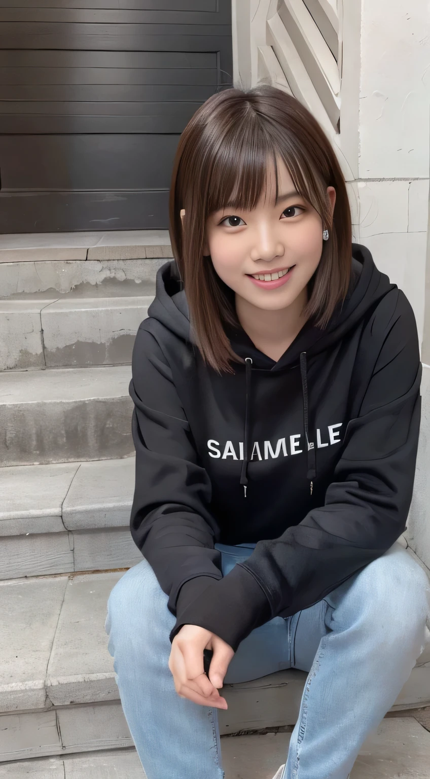 highest quality, Realistic, Very detailed, Finer details, High resolution, 8k wallpaper, One beautiful woman,Sit on the stairs、(Wear black socks)smile、(Beautiful teeth alignment、)(Gums are visible) Oversized hoodie, Skinny jeans,( Black sneakers)、Black Hair、 Beautiful Bangs、ear piercing、Perfect dynamic composition, Beautiful and detailed, Full Body Shot, A big smile brown hair