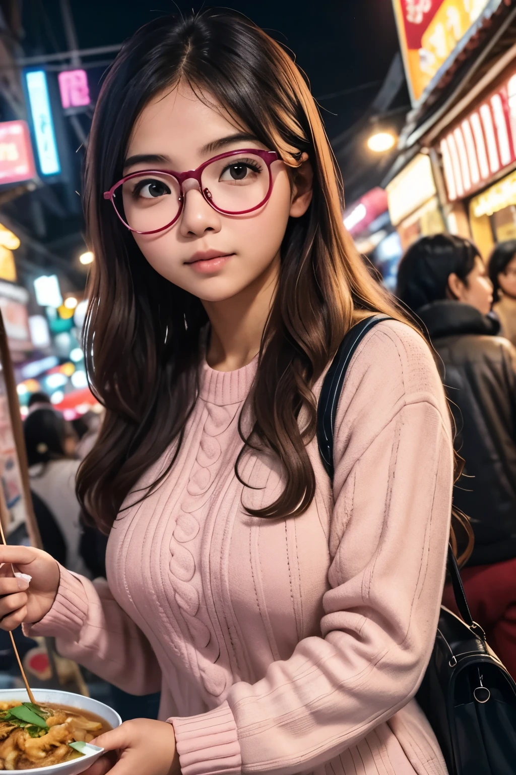 detailed face of  photo. 20 year old white skin Indonesian girl with a sweet  face,  normal breast round face chubby face and long Brown wavy hair, round glasses wearing a long-sleeved pink sweater while buying street food in the city of Semarang at night 
