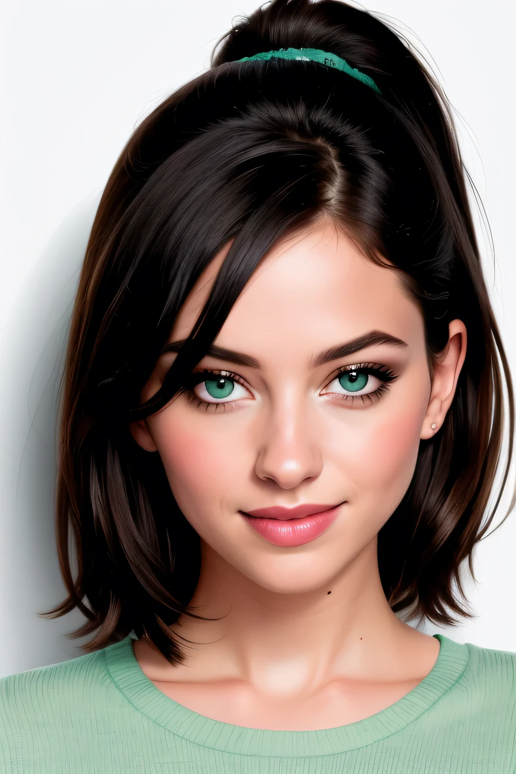 (best quality,highres,masterpiece:1.2),ultra-detailed,(realistic,photorealistic,photo-realistic:1.37),portraits,vivid colors,beautiful detailed eyes,beautiful detailed lips,elegant pose,dark green sweater,cream cargo pants,long black hair,cute ponytail,soft lips,blushing intensely,smiling, seductive gaze,medium chest,perfect body,shadows and highlights,vibrant lighting