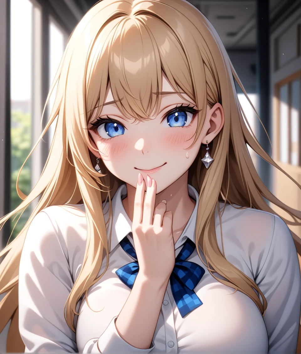 (One girl), Beautiful smile,Embarrassed face, Close your mouth,Glossy Lips,Abstract, School, masterpiece, highest quality, so beautiful, Absurd, up to date, Complex details,(Touch your face with your hands), Pink long nails,AI-generated, Complex,High resolution, highest quality, super high quality,3D Images、View the viewers、3D Images,one person,anime girl with long blonde hair and blue eyes posing for a picture, [[Fine grain、Colorful eyes、Shining Eyes:1.15]],Close your eyes for a moment,a hyperRealistic , hyperRealistic , Realistic , blonde anime girl with long hair, Smooth anime CG art, Beautiful anime school girl,White long sleeve blouse,Blue checked skirt,Big blue chest ribbon, Earrings,(Large Breasts:1.3), Mature Body,Fine details,Abdominal muscles,Blushing