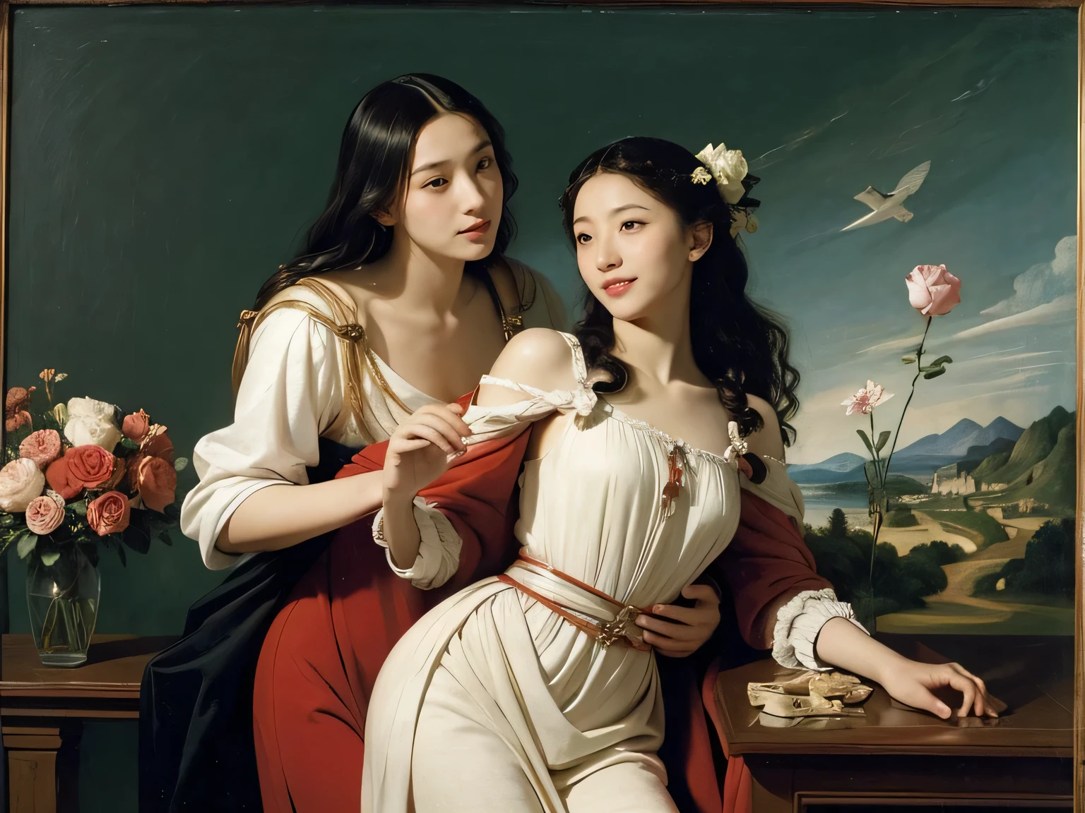 Female angel with two white wing,full body portrait or statue、Sandro Botticelli painting style,Arguments of two female Philosophe,math、astronomical machine、astronaut、roses in vase、fruits、Cute trinkets、smile、ancient greek costume、Ancient Roman landscape in the style of Nicolas Poussin,laughter,,Sweet and seductive appearance.、Caravaggio's paintings、Chiaroscuro of Caravaggio、hair tousled by the wind,Two women frolicking,cute smile, expression of ecstasy,Sexy,erotic