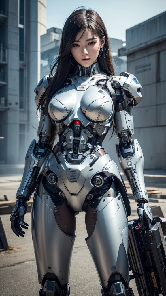 Textured skin, Super Detail, Attention to detail, high quality, high quality, High resolution, 1080p, hard disk, beautiful,(cyborg),(Prototype),Has missiles built into both chests,He has machine guns on both his arms,beautiful cyborg woman,Mecha Cyborg Girl,Battle Mode,Girl with a mechanical body