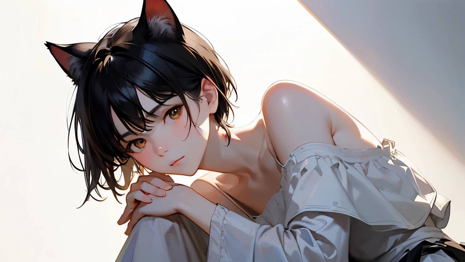 (Sargent-style watercolor)、(highest quality、masterpiece)、(Realistic:1.5), RAW Photos, (Shabby attic)、(1 girl, Off the shoulder,Cat ear、short hair、whole body、Crouched down in a corner of an empty room)、 In the Dark, Deep Shadow, secret key, Cold Light, dim、lamp、(Simple Background)、((Black Background))、