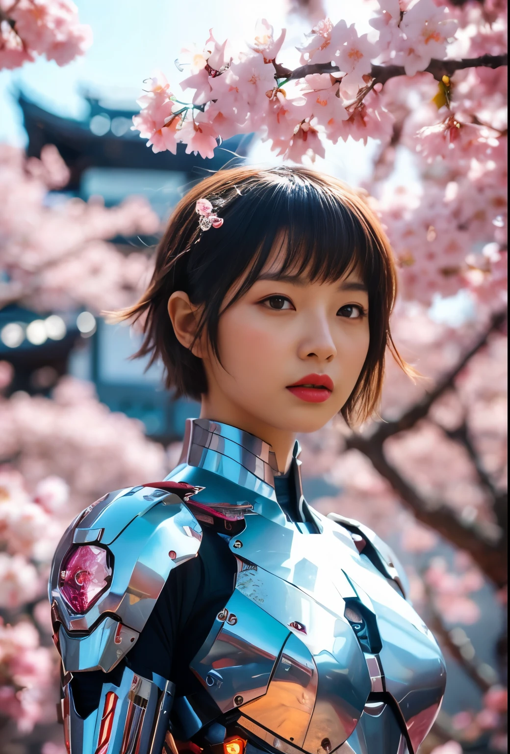 beautiful japanese young woman, wearing cyborg armor, thick symmetrical features, very short hair, background is cherry blossoms, pink aura, red lips, octane render,