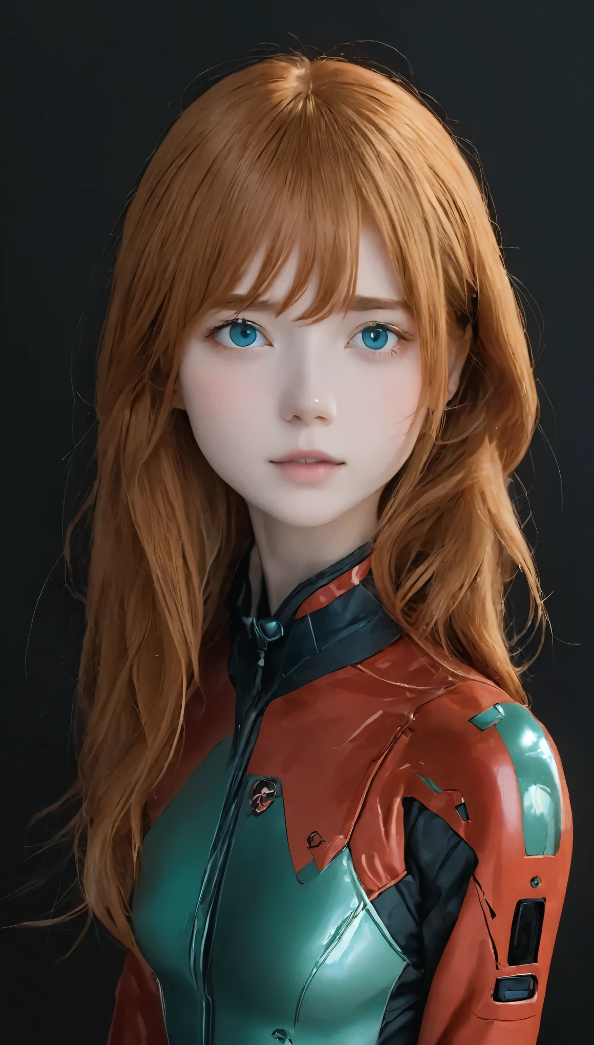 (((Realistic))) photograph, masterpiece, highest quality, One girl, Narrow waist, highest quality, Pale skin, Soul Asuka Langley, Plug Suit 02, Black background, (Detailed face and eyes:1.1), Conceit, blush, ((shy)), Very delicate and beautiful girl, Dynamic pose, (to8contrastスタイル), 