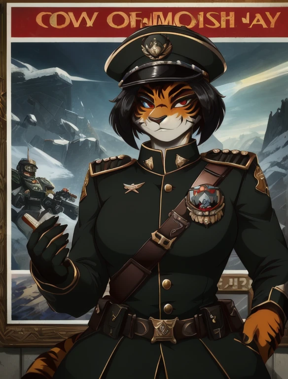 Warhammer_40 thousand_Commissar,((masterpiece)), (Best quality), (detailed), Black uniform, mascara, Eyeliner, eyeshadow, Upper body, pomade, женщина anthro furry tiger, Propaganda poster, wicked, bristle,
 (8k contract, masterpiece, Best quality, High quality, absurdity, ultra-detailed)