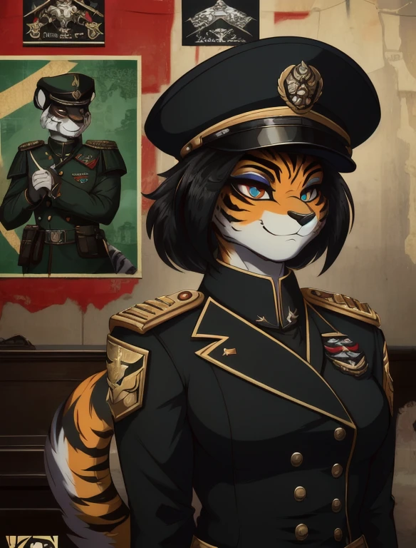 Warhammer_40 thousand_Commissar,((masterpiece)), (Best quality), (detailed), Black uniform, mascara, Eyeliner, eyeshadow, Upper body, pomade, женщина anthro furry tiger, Propaganda poster, wicked, bristle,
 (8k contract, masterpiece, Best quality, High quality, absurdity, ultra-detailed)