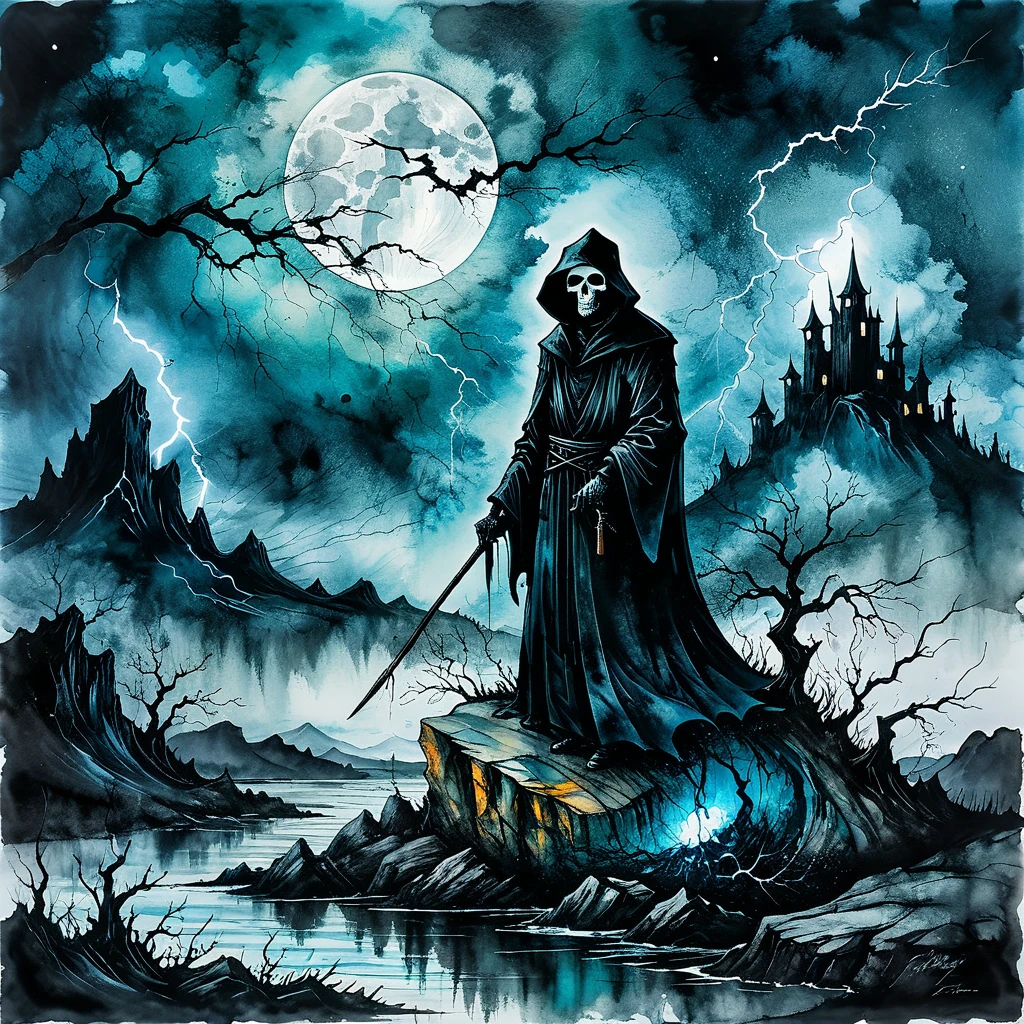 (The Art of Alcohol Ink), This drawing was created with alcohol ink on textured paper，Depicts a beautiful minimalist landscape，Black death standing on the rock, The black grim reaper looks sinister and gloomy, Background with gloomy sky，heavily clouded，Lightning dense, This drawing was made with alcohol ink, Masterpiece, Clear outline, 32k