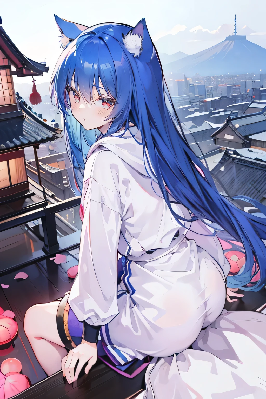 （masterpiece：1.2），Super detailed，lifelike，Expressive eyes，fair skin，perfect face shape，1 girl，
Japanese comics,Gorgeous blue hair,flowing blue hair,flowing clothes,Cat ears,Petals fall,beautiful lola,Baby Angel,
Cross your legs，Gentle and peaceful background，The pavilion is cool and comfortable,smile, wearing hoodie, background of tokyo,back views,snowing, winter.
