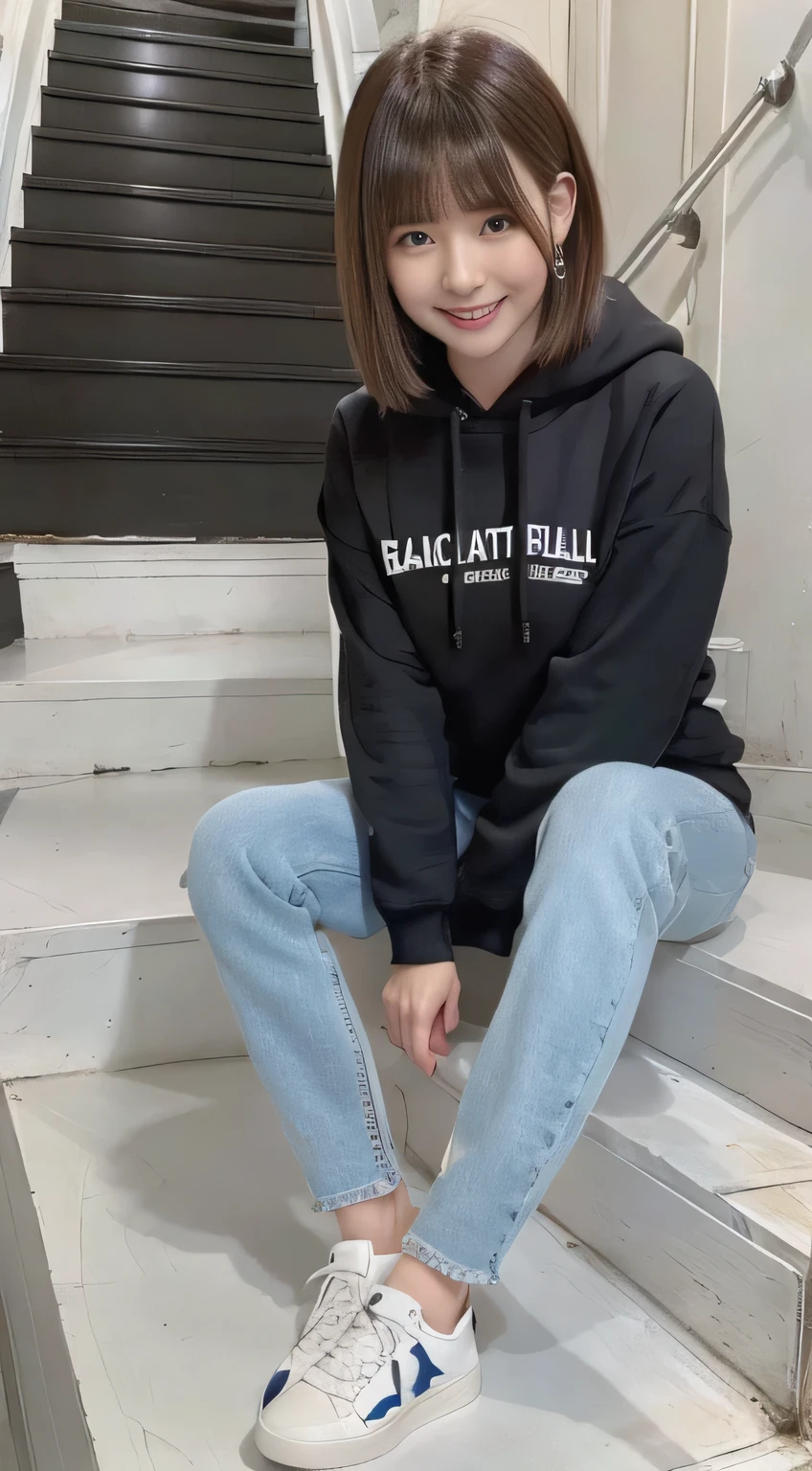 highest quality, Realistic, Very detailed, Finer details, High resolution, 8k wallpaper, One beautiful woman,Sit on the stairs、(Wear black socks)smile、(Beautiful teeth alignment、)(Gums are visible) Oversized hoodie, Skinny jeans,( Black sneakers)、Black Hair、 Beautiful Bangs、ear piercing、Perfect dynamic composition, Beautiful and detailed, Full Body Shot, A big smile brown hair