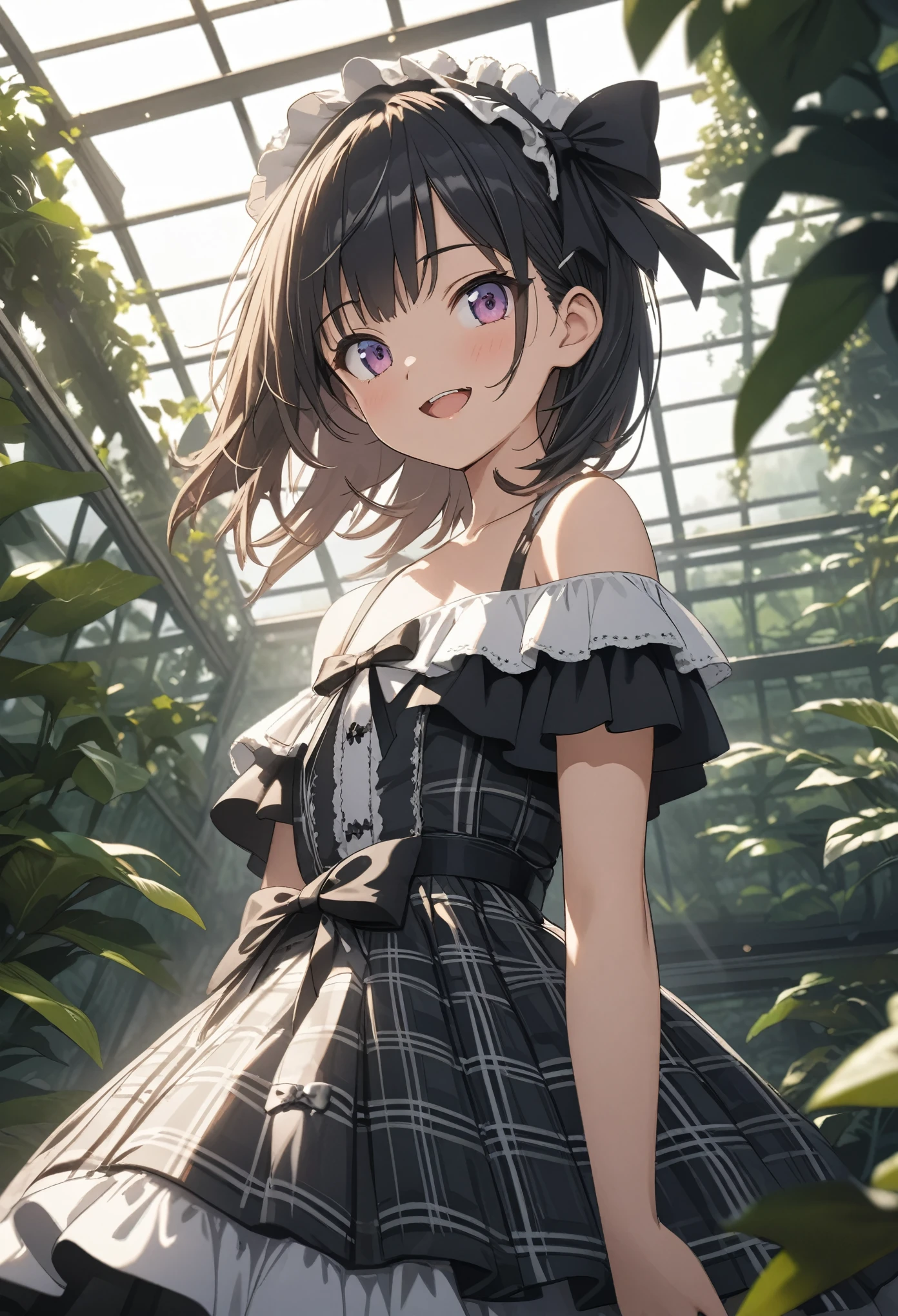 ((Masterpiece)), (Anime:1.5), ((best quality)), (super detail:1.2), (High Definition:1.3), (High Definition:1.3), (Professional Photography:1.2), ((12 years old)), cinematic lighting, cute teenage girl, Plaid dress, (Off-Shoulder dress), hoop dress, bow, (lolita fashion), (Vibrant Pose), exposed bare shoulder and arms, lolita style, ((looking to the right side)), cute smile, open mouth, pretty, portrait of lolita girl, emo style, red checker, (against the giant greenhouse), ribbon belt, (sharp focus), (perfect light),