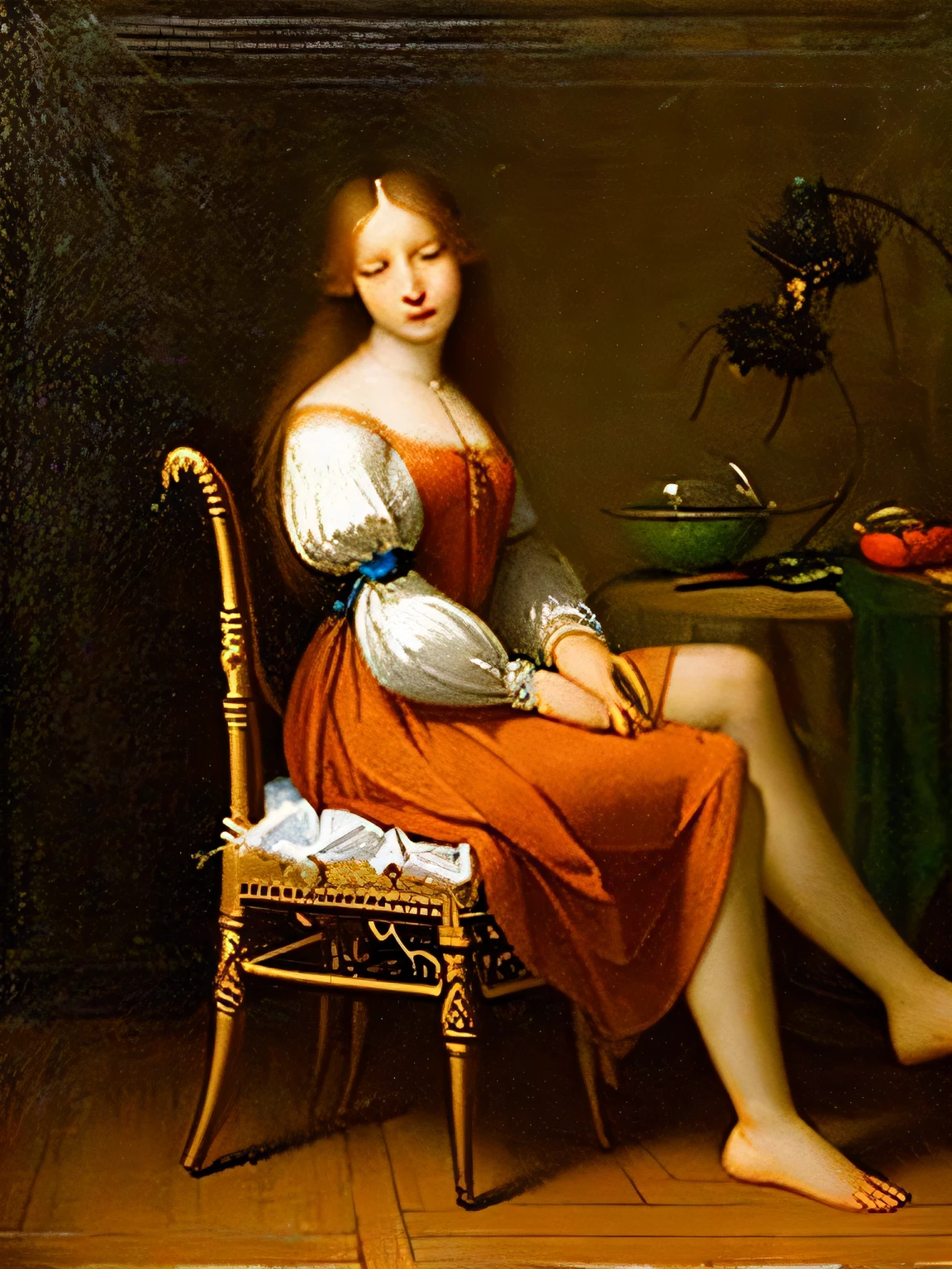 Generate a painting of a woman sitting on a chair in the style of Leonardo da Vinci.