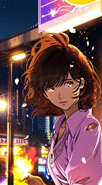Top Quality, Photorealistic, 8K, High Resolution, 1 Girl, Female, (Skin Dent), (Medium Breast), (Professional Lighting, Bokeh), (Street), (People, Crowd: 0.6), Market, (Night: 1.2), (Dark Brown Hair: 2.0), (Blouse: 1.5), (Portrait: 0.6), Gorgeous, Bloom, (Floating Hair), (Light particles, Lens flare, Luminous particles: 0... 6), (Dynamic Pose: 1.2), Soft Lighting,