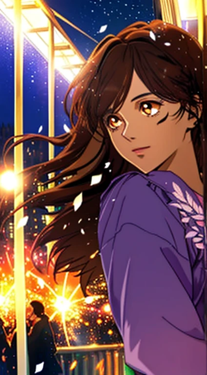Top Quality, Photorealistic, 8K, High Resolution, 1 Girl, Female, (Skin Dent), (Medium Breast), (Professional Lighting, Bokeh), (Street), (People, Crowd: 0.6), Market, (Night: 1.2), (Dark Brown Hair: 2.0), (Blouse: 1.5), (Portrait: 0.6), Gorgeous, Bloom, (Floating Hair), (Light particles, Lens flare, Luminous particles: 0... 6), (Dynamic Pose: 1.2), Soft Lighting,