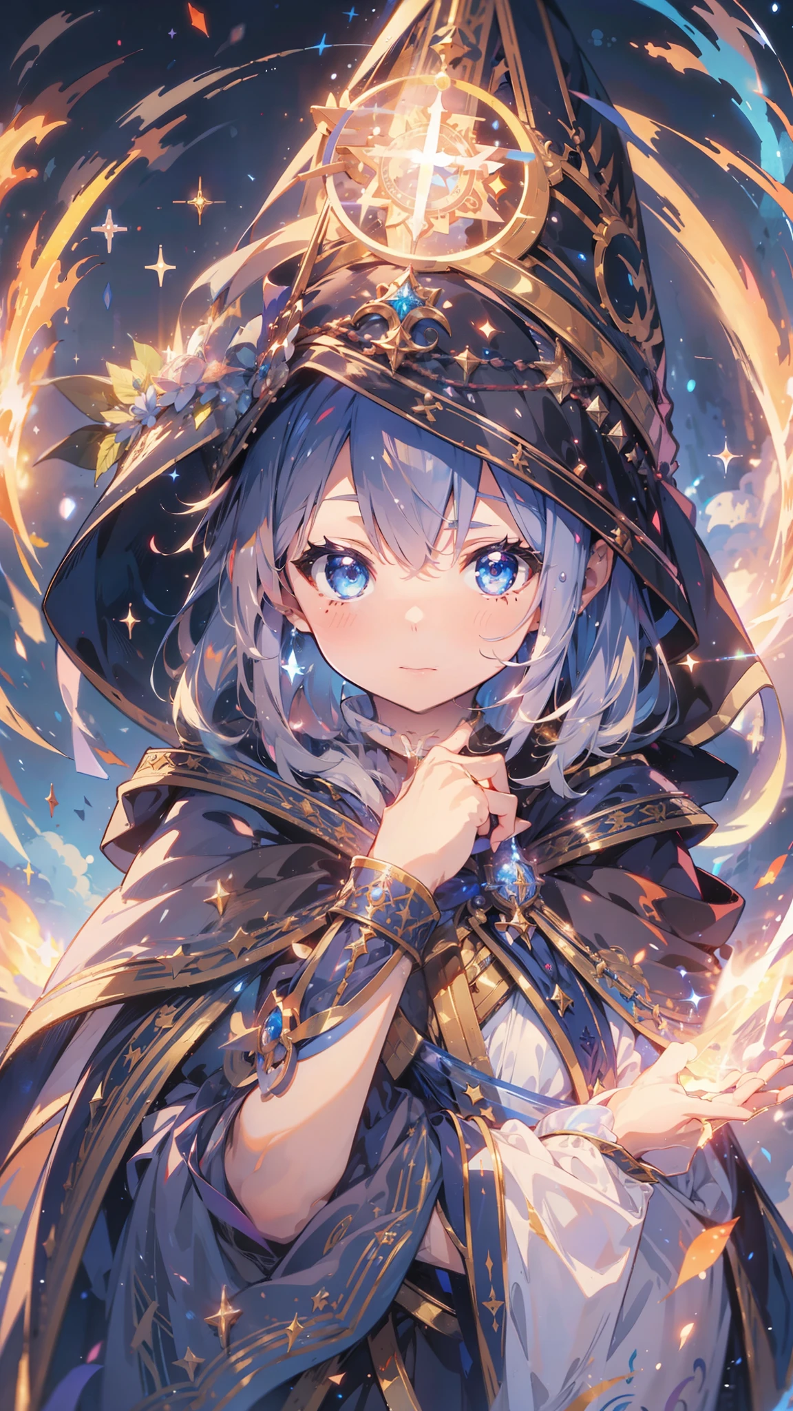 (masterpiece:1.2),(anime),(Medieval Background)、(Wizard)、(Robe),cute、Light Effects、((Water and Fire Magic、magic circle)),Tear Mole、Close-up、Fantasy