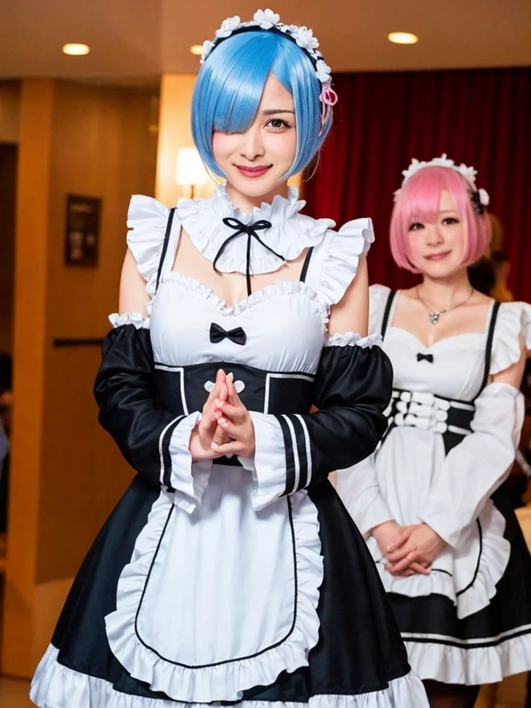 Accurate depiction with high resolution,(8K, Photorealistic, Raw photo, of the highest quality: 1.3), (1girl in), Super beautiful, (Realistic face), (boyish, pink Color Berry Shorthair), Beautiful , Glare that captivates the viewer, Beautiful expression, Beautiful breasts, (Realistic skin), Be...Create a detailed and colorful image of Ram and Rem from Re:Zero, standing back-to-back in their maid outfits, with a magical fantasy background、14years old, two girls,cute, perfect face, beautiful, nice body, gothic ta clothes, gothic loliashion, frilly skirt, headdress, necklace, bracelet, knee-high socks, boots, double eyelids, tear bags, Detailed down to the fingers, photo-like description, indoors, dim indoor lighting, one girl is pink hair and short bob, another girl is light blue hair and short bob,standing,whole body, composition that shows the whole body, smiling,The Both of them are wearing the same type of maid outfit,Even the fingers are clearly depicted