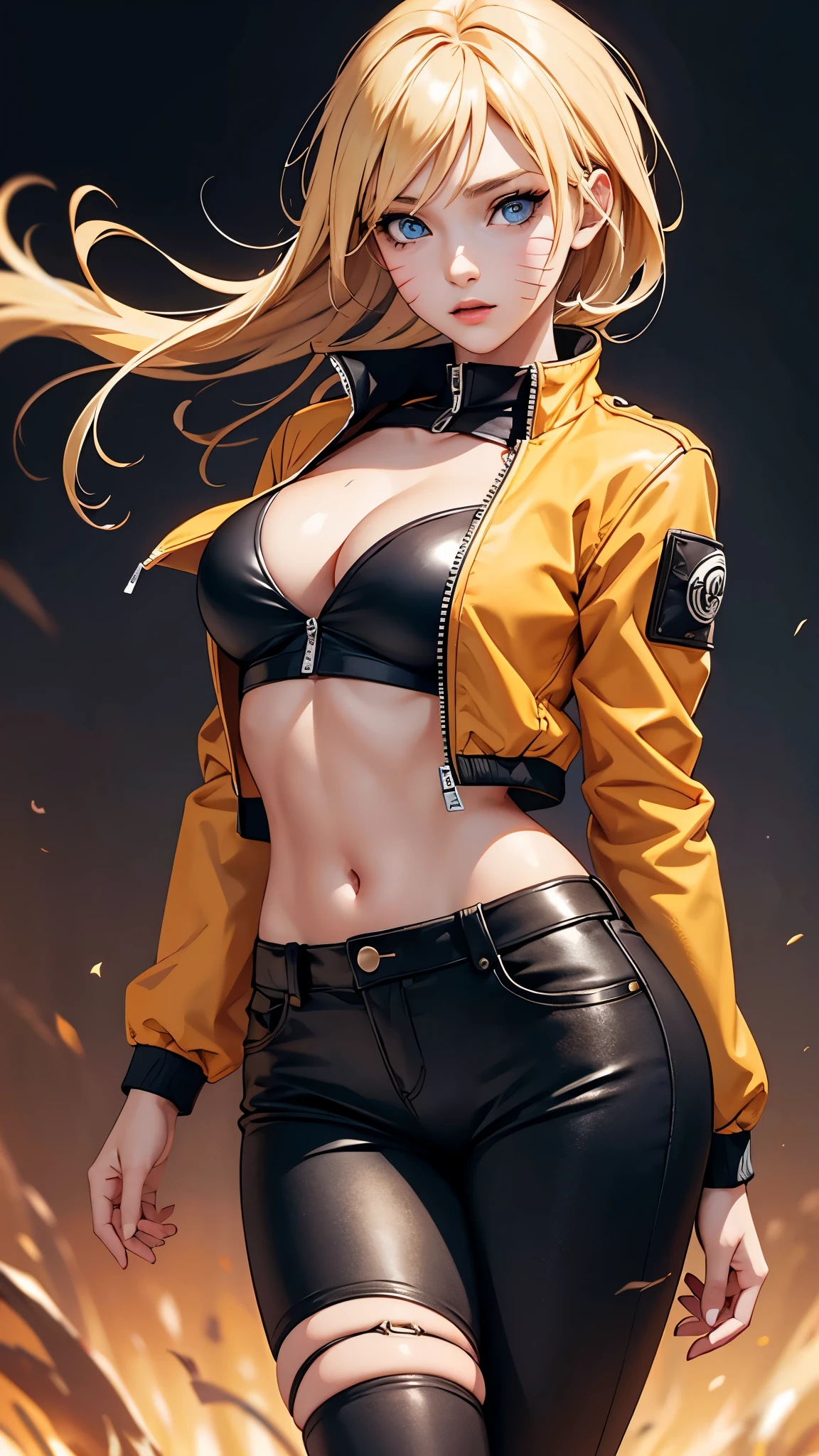 cleavage, (masterpiece, best quality:1.2), expressive eyes, perfect face, highres, 1girl, solo, (female:1.5), NarukoUzumaki, blue eyes, blonde hair, long hair, facial mark, whisker markings, short hair, long sleeves, jacket, opened jacket, (naruto outfit), midriff, orange-black jacket, meshes, pants, black pants, standing, upper body, looking at the viewer