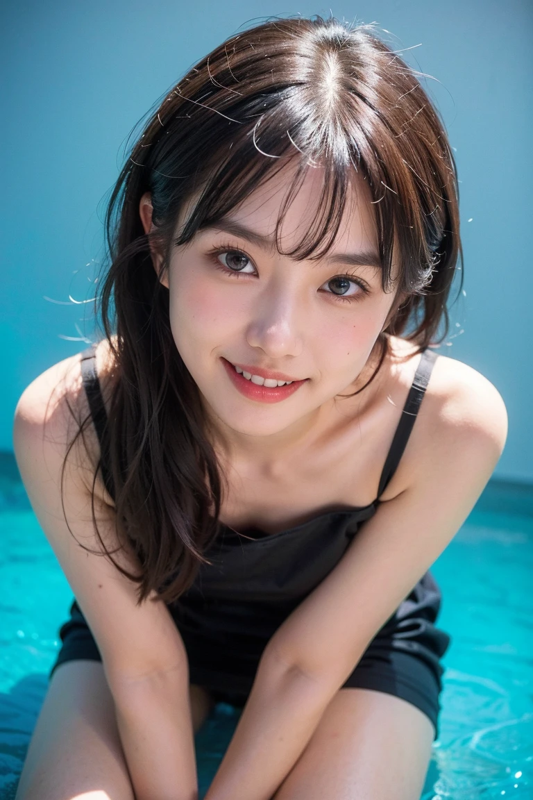 ((Real 8K、masterpiece、highest quality、Ultra-high resolution、Realistic skin texture))、Sexy Beautiful、A 25-year-old beautiful girl with a sexy and cute look, Beautiful, sexy face with large, well-balanced eyes、7-head beauty, 1 girl,Moyou,With bangs,Black long dress,Turquoise background,smile,Composition from above the knee、There is a natural color difference、smile、Teeth clean、Sexy thighs、
