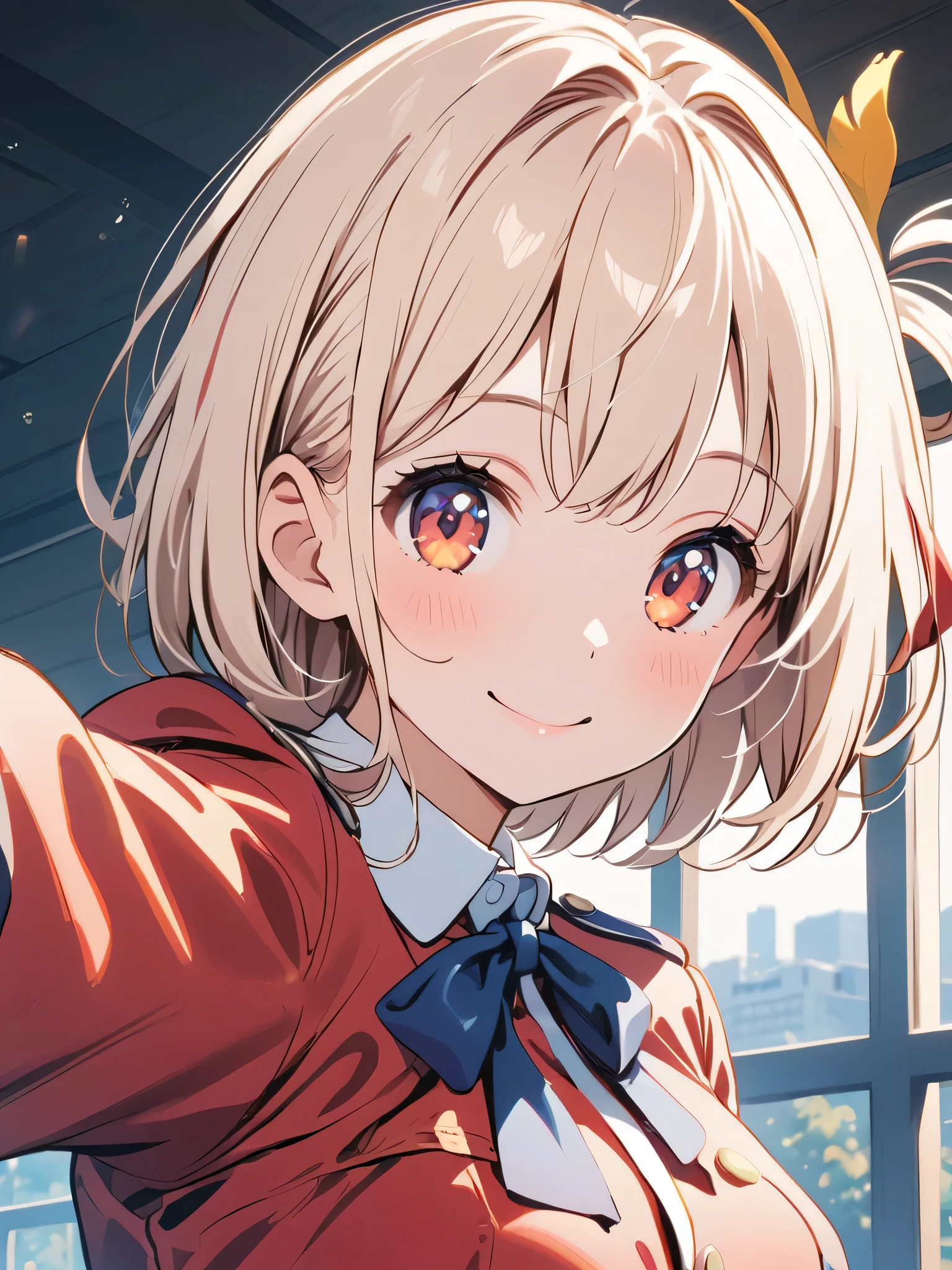 Nishikigi Chisato, selfie, smile, Lycoris uniform, cinematic, cute, short blonde hair, blush chiks