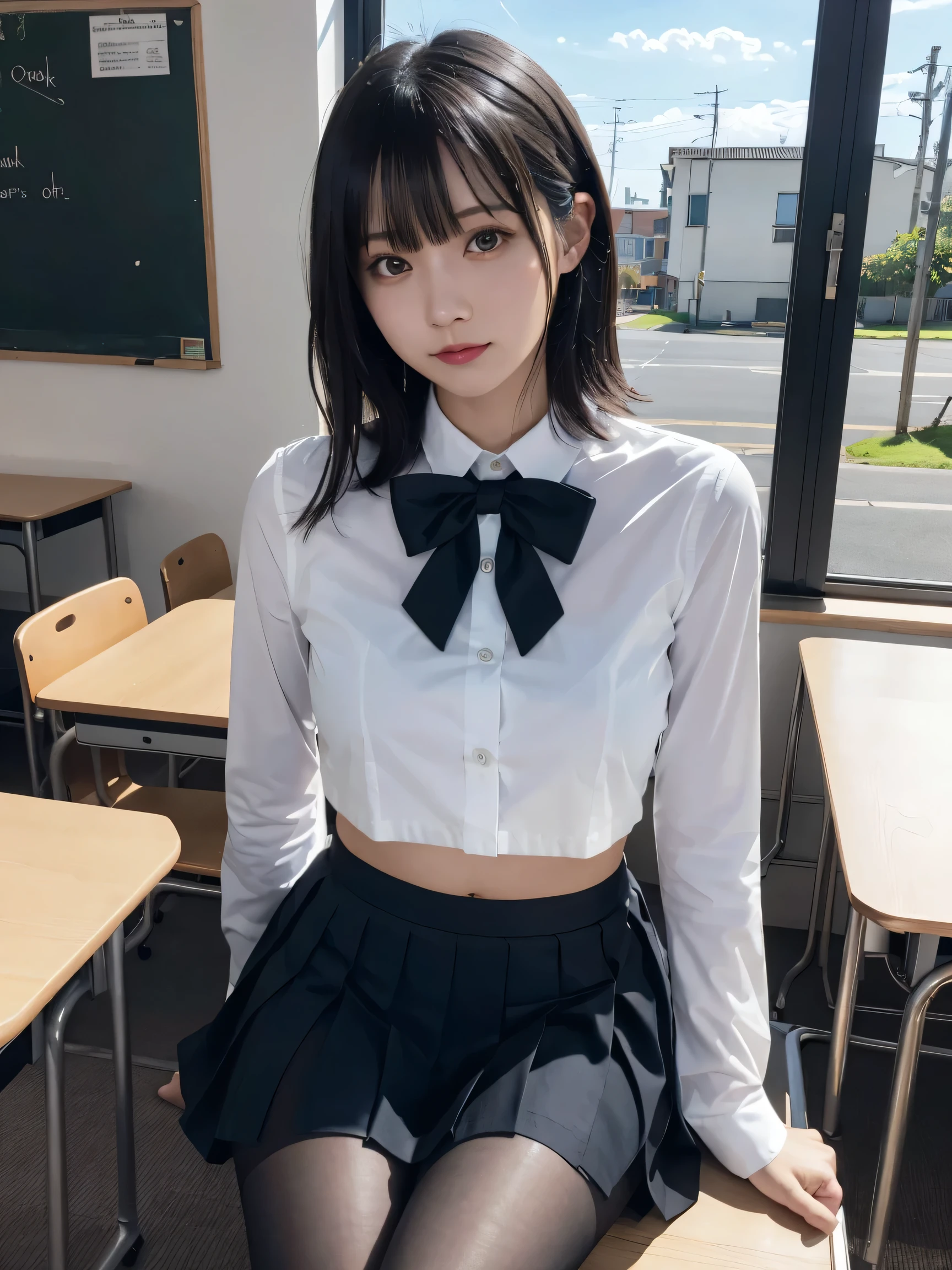 masterpiece, highest quality, Ultra-high resolution, colorful, Flat Color, Depth of written boundary, Lens Flare 1 Girl, Sitting, Black Hair, Audience, School, classroom, Pleated mini skirt, takeoff , Seravk, Black Pantyhose, Fine Touch, Detailed fabric texture, Beautifully detailed face, Beautiful 30 year old woman, Adult atmosphere, reveal