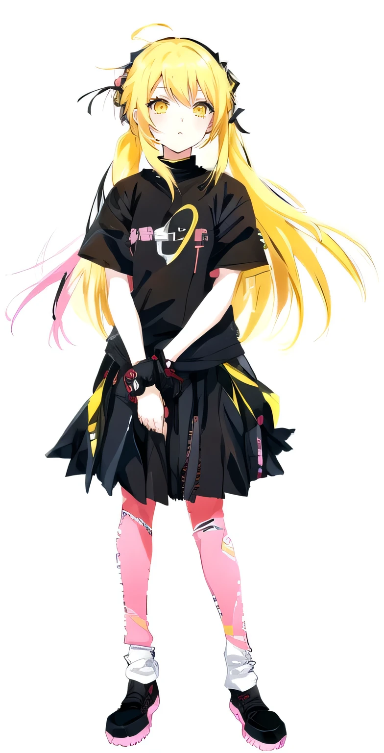 Anime girl with yellow hair, black shirt and black skirt, Humanoid pink female squid girl, inspired By Ren, mirai nikki, Junko Enoshima, Zero Two, Lucy anime girl, haruno sakura, emo anime girl, By Ren, Yellow pigtails and cyan eyes, 1 7  anime goth girl