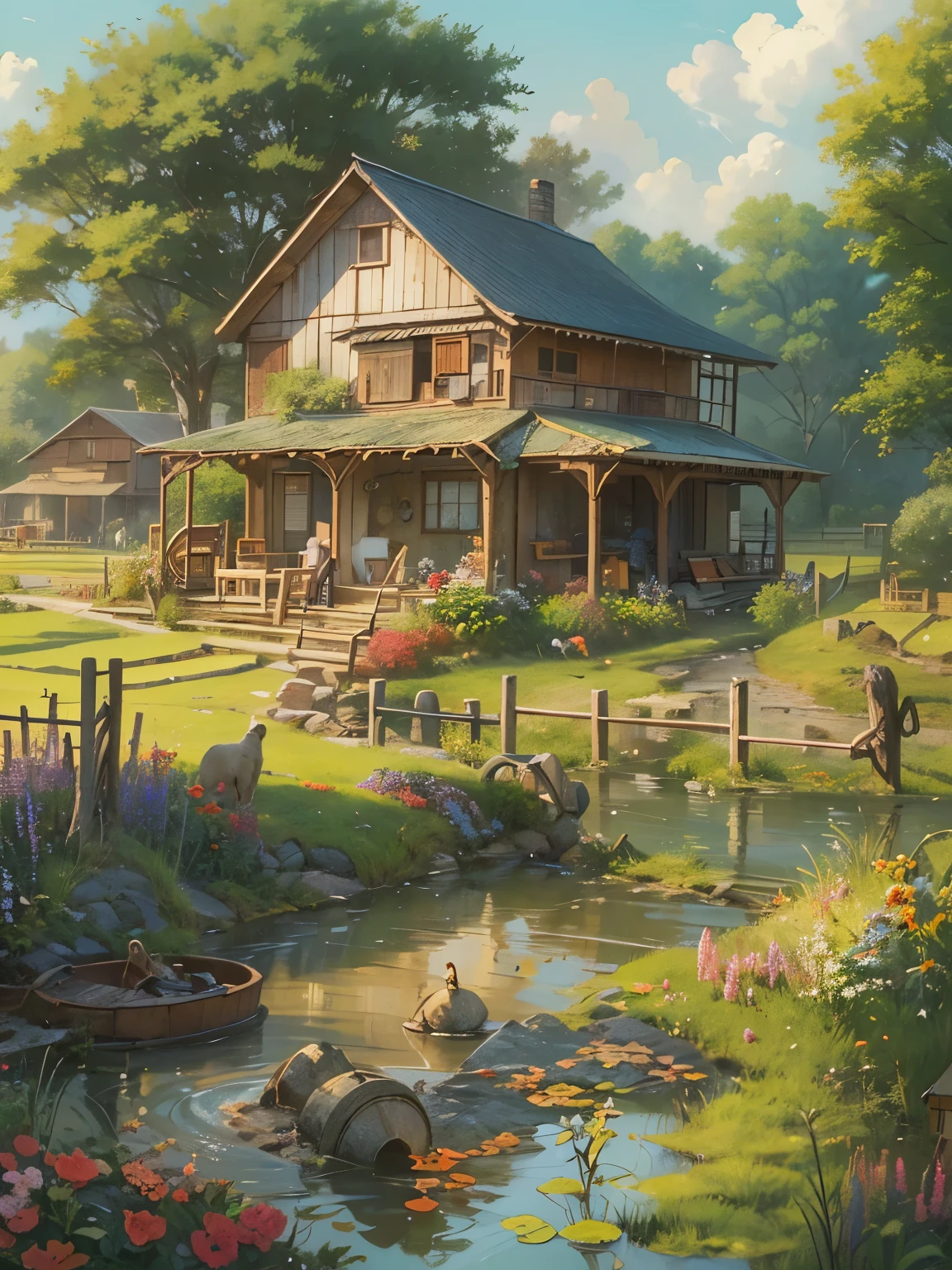With the American farm as the background, Digital Painting creator Dai Jin's illustrations depict an anime-style rural landscape with pure colors and Rich details, which is very beautiful and full of Artistic Sense. The details of the house and pond in the picture are rich and realistic, Creates the effect of a real oil painting, that&#39;s great. (farm, American Landscape, Anime countryside, Digital Painting, Rich details, Oil painting effect, Artistic Sense)