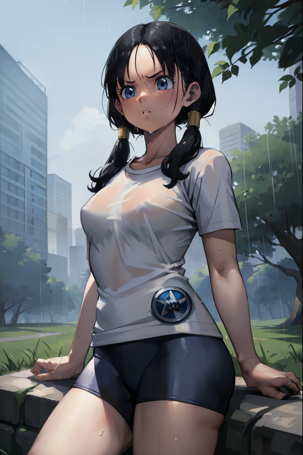 Videl,Saw 2,Low twin tails,White T-shirt,badge, bicycle_Shorts,Green running shoes,blue eyes,Gloomy face,forest,rain,fog,cloudy,Open your mouth a little,Large Breasts,Pétain sitting,Cowboy Shot,Wet,