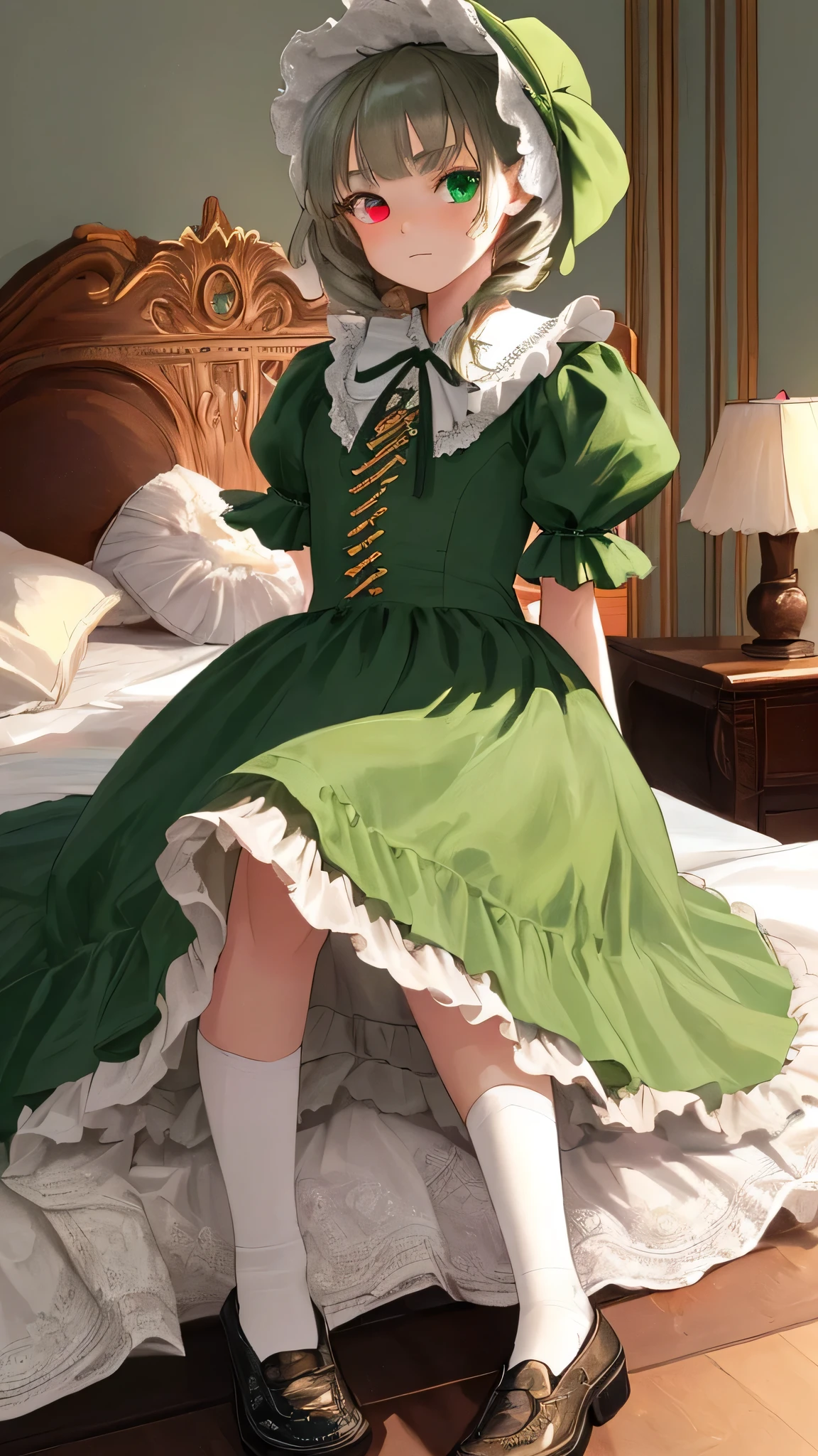 masterpiece, highest quality, Very detailed, 16k, Ultra-high resolution, Cowboy Shot, One -yeld gi Detailed face, Perfect Fingers, suiseiseki,  bonnet, Head scarf, Heterochromia iridis, Green Dress, Neck ribbon, Twin Drill, White shoes, shoes, , Western-style building, Classic European style bedroom, Sleep on your back