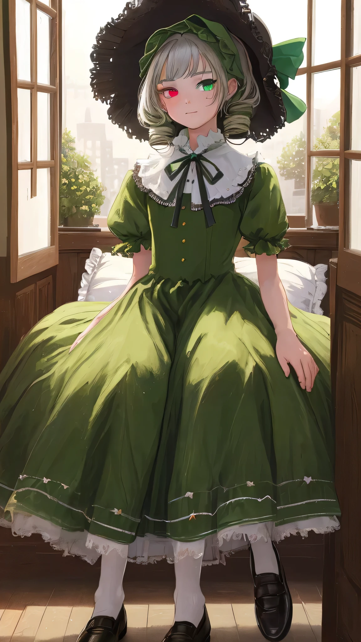 masterpiece, highest quality, Very detailed, 16k, Ultra-high resolution, Cowboy Shot, One 10-year-old girl, Detailed face, Perfect Fingers, suiseiseki,  bonnet, Head scarf, Heterochromia iridis, Green Dress, Neck ribbon, Twin Drill, White shoes, shoes, , Western-style building, Classic European style bedroom, Sleep on your back