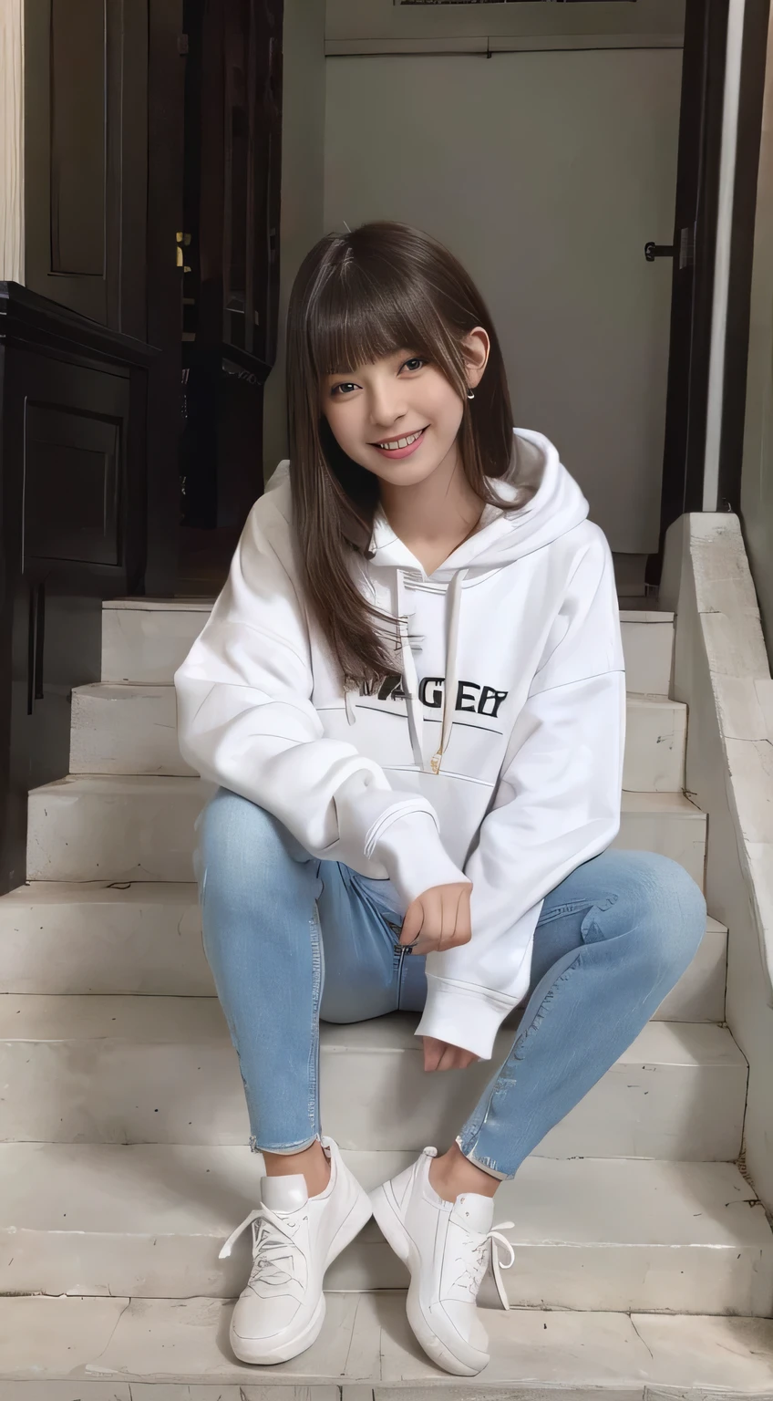 highest quality, Realistic, Very detailed, Finer details, High resolution, 8k wallpaper, One beautiful woman,Sit on the stairs、(Wear black socks)smile、(Beautiful teeth alignment、)(Gums are visible) Oversized hoodie, Skinny jeans,( Black sneakers)、Black Hair、 Beautiful Bangs、ear piercing、Perfect dynamic composition, Beautiful and detailed, Full Body Shot, A big smile brown hair