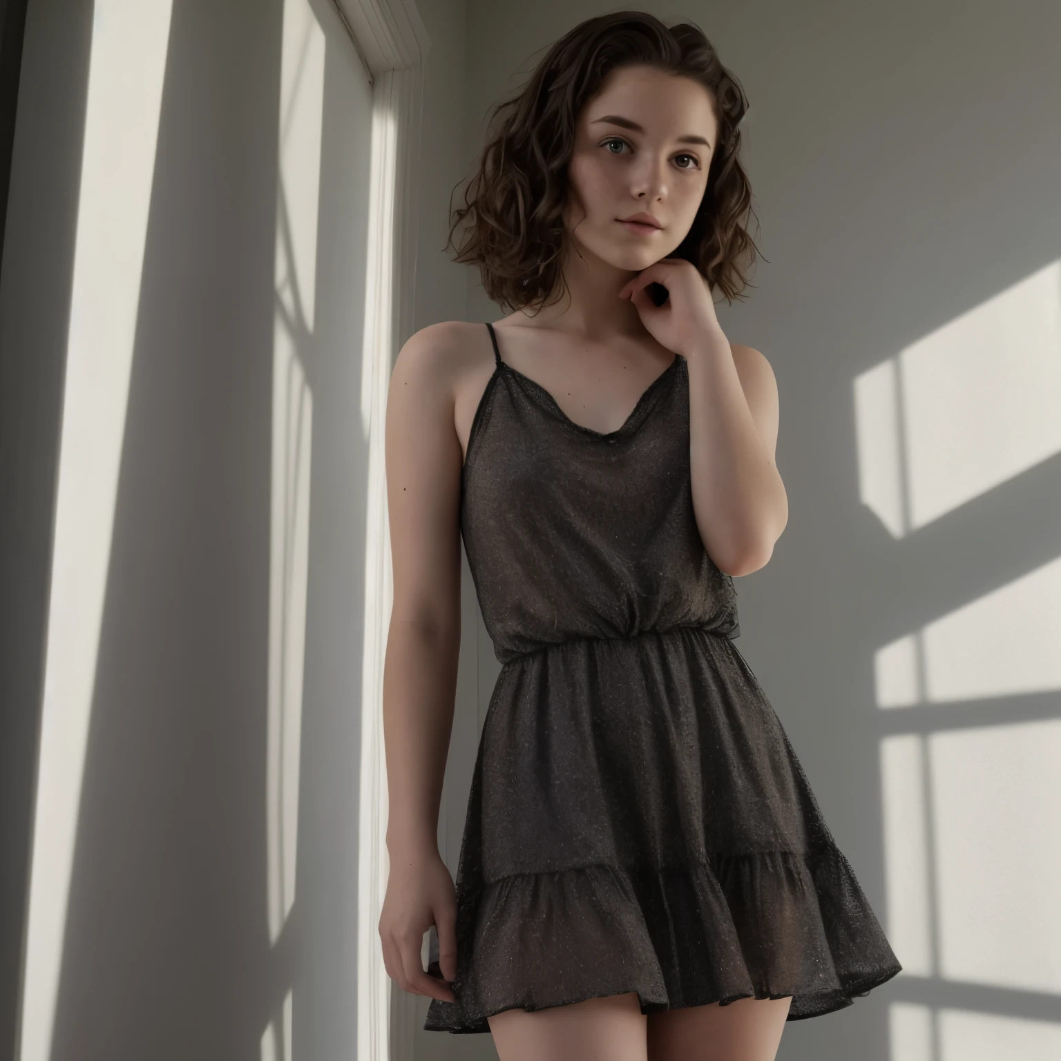 Thick brunette teen, short wavy hair, extra pale skin, freckles, dramatic lighting with shadows, sheer sundress