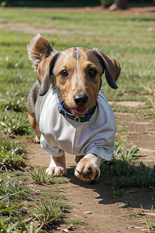 Platinum dachshund dog running on grass