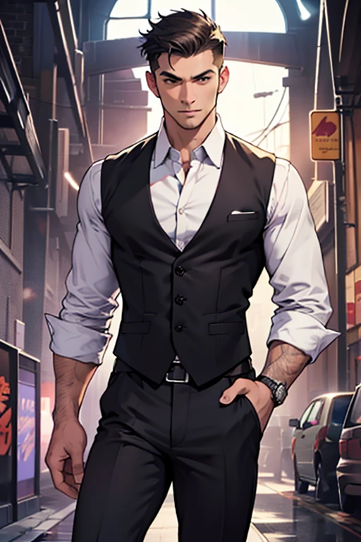 young weak man, thin arms, no definition, no beard, shorter brow hair, black eyes, purple dress shirt, black waistcoat, black pants, social style