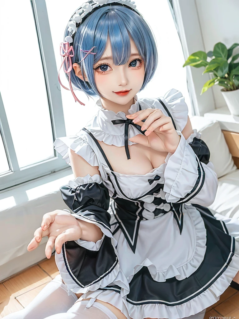 Accurate depiction with high resolution,(8K, Photorealistic, Raw photo, of the highest quality: 1.3), (1girl in), Super beautiful, (Realistic face), (boyish, pink Color Berry Shorthair), Beautiful , Glare that captivates the viewer, Beautiful expression, Beautiful breasts, (Realistic skin), Be...Create a detailed and colorful image of Ram and Rem from Re:Zero, standing back-to-back in their maid outfits, with a magical fantasy background、14years old, two girls,cute, perfect face, beautiful, nice body, gothic lolita clothes, gothic lolita fashion, frilly skirt, headdress, necklace, bracelet, knee-high socks, boots, double eyelids, tear bags, Detailed down to the fingers, photo-like description, indoors, dim indoor lighting, one girl is pink hair and short bob, another girl is light blue hair and short bob,standing,whole body, composition that shows the whole body, smiling,The Both of them are wearing the same type of maid outfit,Even the fingers are clearly depicted